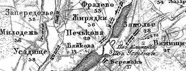 Деревня Усадищи на карте 1915 г.