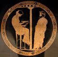 Фемида в роли пифии вещает Эгею Аттический килик, ок. 440—430 гг. до н. э.