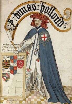 Томас Холланд, рыцарь-основатель ордена Подвязки. Миниатюра в «Bruges Garter Book[en]», 1430/1440 год
