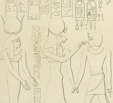 Тутмос II с богинями Сехмет и Хатхор. Изображение на пилоне в храме Карнака