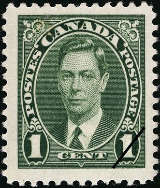 1937: номинал в 1 цент. Портрет Георга VI, выпуск «Датированный штамп»