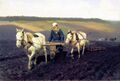 Боронование при вспашке второй лошадью, конец XIX века (Л.Н.Толстой изображён И.Е.Репиным)