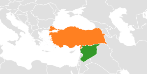 Турция (оранжевым) и Сирия (зелёным) на карте Ближнего Востока