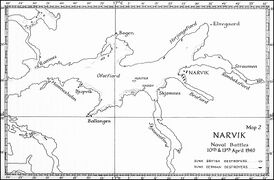 Карта фьорда и его ответвлений, так же на ней изображены места затопленных кораблей в Битве при Нарвике