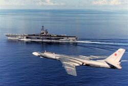 USS Ranger CV-61 with Tu-16 1989.jpg