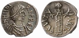 Серебряная монета Хильдериха в 50 денариев. На аверсе надпись на латинском: D[ominus] N[oster] HILDIRIX REX (Наш Господин король Хильдерих), на реверсе женская персонификация Карфагена с колосьями в руках и надпись FELIX KART[h]G[o] (Счастливый Карфаген)