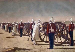 Картина В. Верещагина «Подавление индийского восстания англичанами», 1884. В картине присутствует анахронизм - британские солдаты носят форму 1880-х годов
