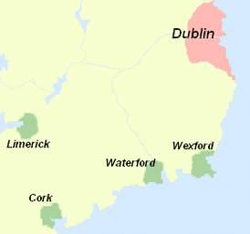 Максимальная территория королевства Дублин (розовый цвет) и других норвежских поселений (зелёный цвет) в Ирландии