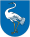 A coat of arms depicting a grey bird with a long, twisting neck, a yellow, pointy beak, and long yellow legs all on a dark blue background