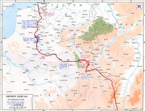 Map of Northern France and Belgium with a red line marking the trench system from the channel to the Swiss border