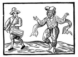Уильям Кемп (справа). Иллюстрация из книги «Девятидневное чудо Кемпе» (1600)