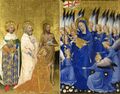 «Уолтонский диптих»: король Ричард II со свв. Эдмундом Мучеником, Эдуардом Исповедником и Иоанном Крестителем предстоят перед Мадонной
