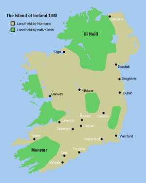 Ирландия в 1300 году, зелёным цветом отмечены владения местных королей.