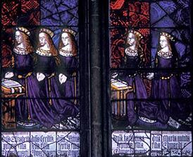Дочери короля Эдуарда IV. Витраж Кентерберийского собора, XVI век. Мария крайняя справа[k 1]